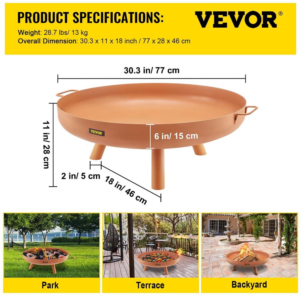 Fire Pit Bowl, 30-Inch Deep Round Carbon Steel Fire Bowl, Wood Burning for Outdoor Patios, Backyards & Camping Uses, with A Drain Hole, Portable