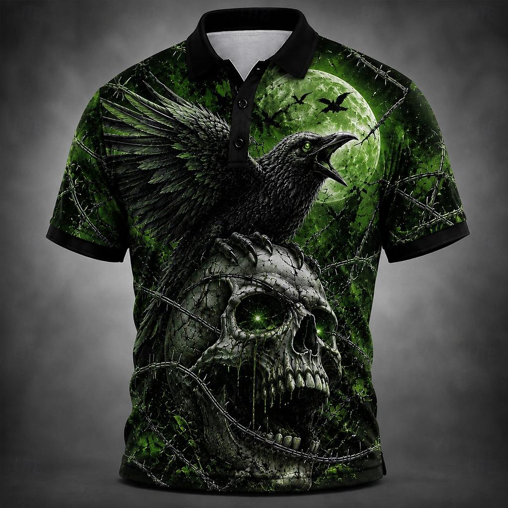 Men Halloween Skeleton 3D Printed Short‑Sleeve Collared Polo Shirt Buttons Casual Athleisure Spring Summer Daily Festival Outfit
