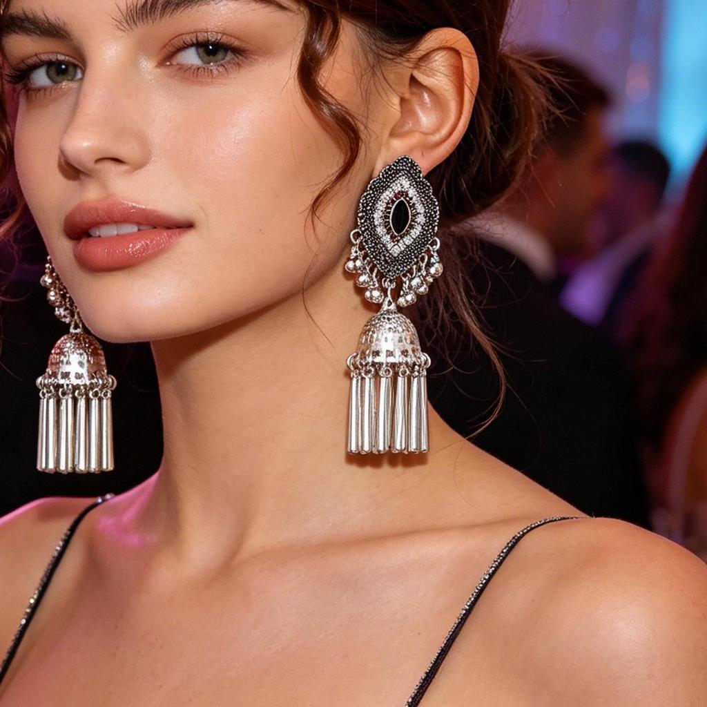 Cross-Border Retro Miao Silver Earrings with Peacock Bell Tassels and Hollowed Leaves