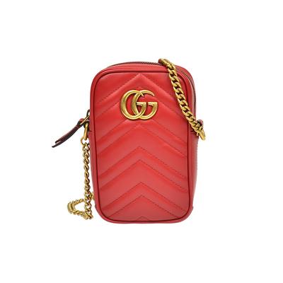GG Marmont Marmont Gold Label Logo Quiltet Kæde Ko Læder Mobiltelefon Taske Skulder Crossbody Taske Mini Dame Rød