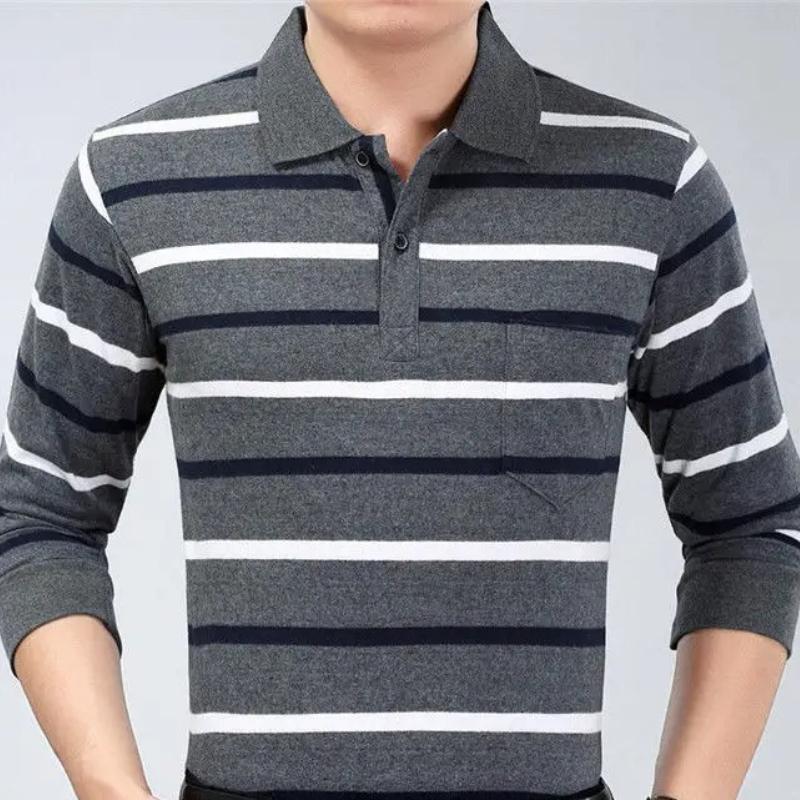Camisas polo listradas masculinas da moda, novas camisas polo coreanas para negócios, primavera/outono, casuais, manga comprida, bolsos na lapela, roupas masculinas, tops de algodão, 2025
