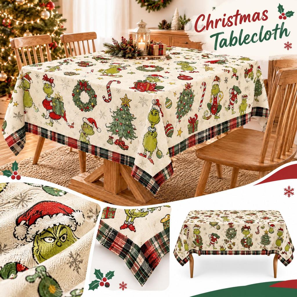 Christmas Tablecloth with Cute Pattern Print, Festive Holiday Party Decoration Table Cover