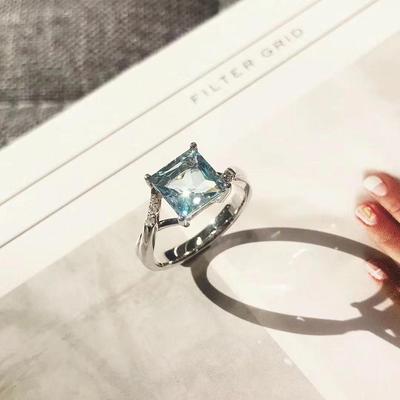 925 Sterling Silver Adjustable Aquamarine Square Ring - Simple Cold Style for Index Finger