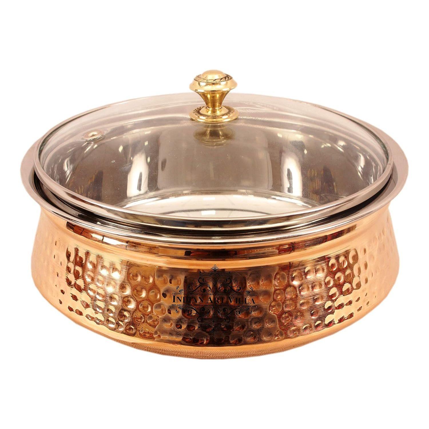 

Steel Copper Serving Handi with Glass Lid 1400 ML - Serving Dishes Chicken Briyani Vegetables Home Hotel Restaurant Tableware Dishware
