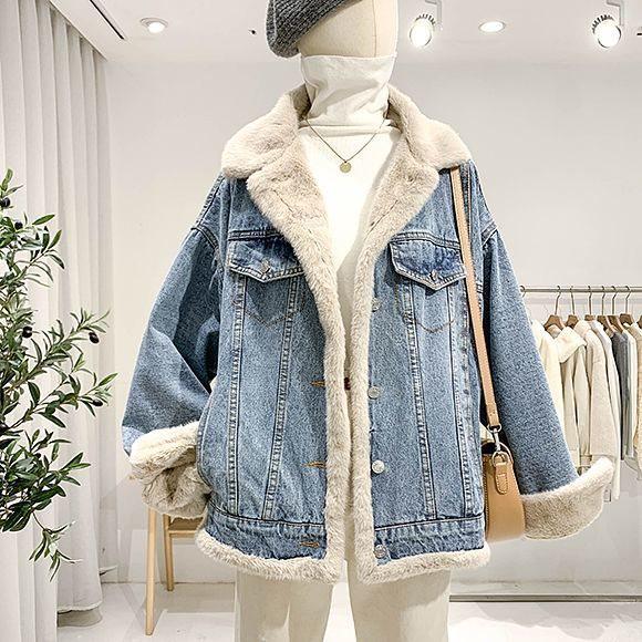 2025 Women's Winter Reversible Fleece-Lined Denim Jacket - Korean Style, Loose Fit, Lambswool, Casual Versatile Coat Trend