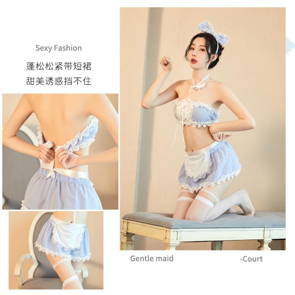 New Sexy Underwear Female Sexy Blue Grid Maid Maid Dress Slave Uniform Temptation Passion Clothes Set Hair