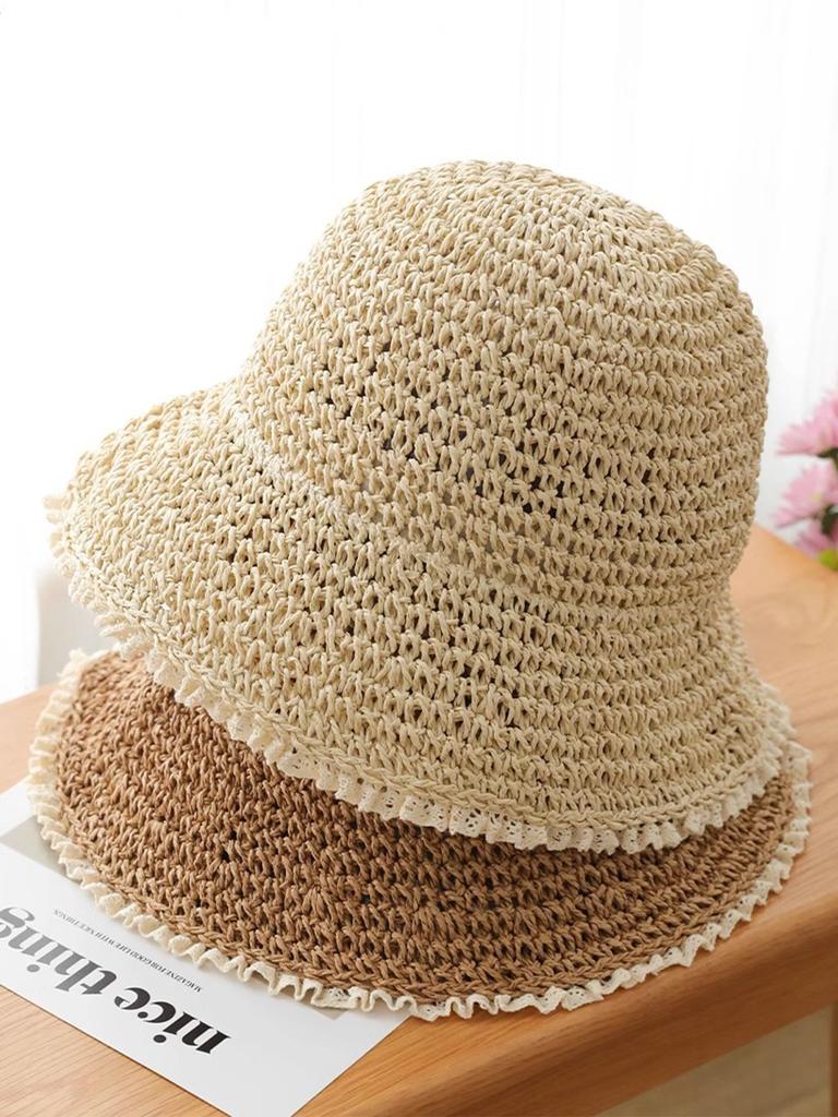Summer Lace Brim Straw Hat Handmade Weave Hollow Foldable Sun Panama Casual UV Sunscreen Beach Cap Korea Fashion Foldable Bucket