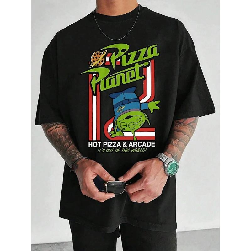 European Size Men s Graphic T-Shirts  Pizza Planet  Arcade Men s T-Shirt, Hot Pizza and Alien Fun, Summer S