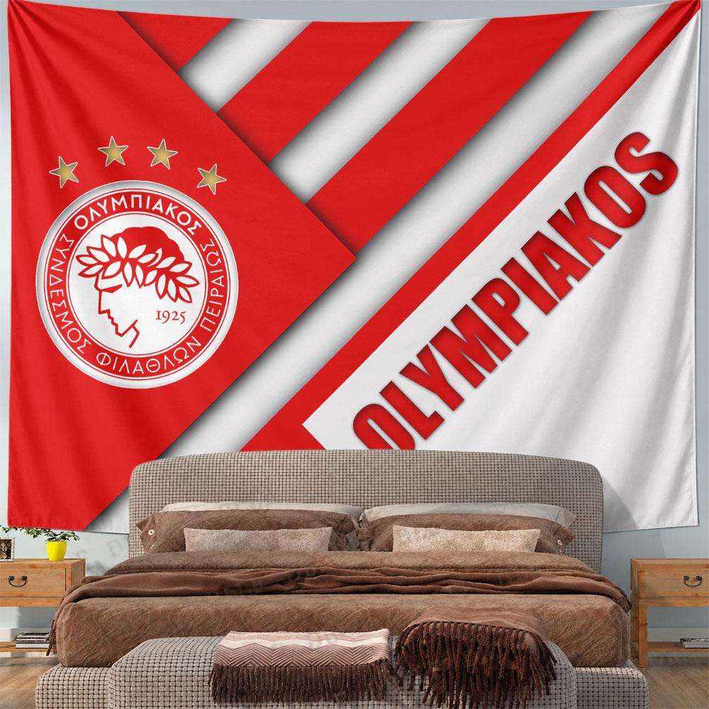 Diagonal red and white stripes with a crest and bold "OLYMPIAKOS" text. Patterned tapestry for bedroom and living room home decor