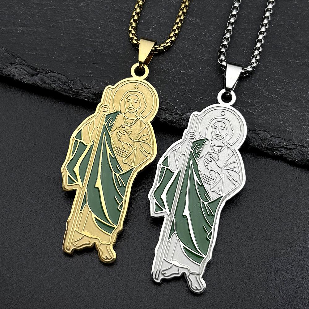 San Judas Tadeo Pendant Necklace for Men Women Stainless Steel Gold Color Saint Jude Thaddeus Enamel Chain Amulet Jewelry Gift