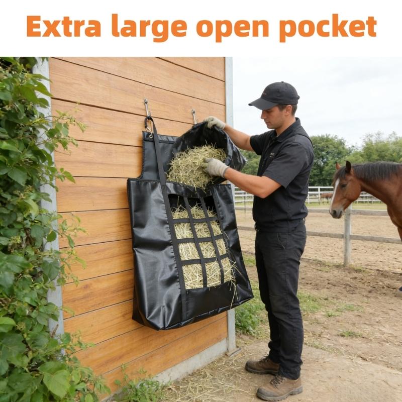 Horse Feeding Bag with Hanging Design, Black Front Opening Feed Bag, 60 x 71 cm Bag for Stable, Trailer, and Fence Feeding Contexts
