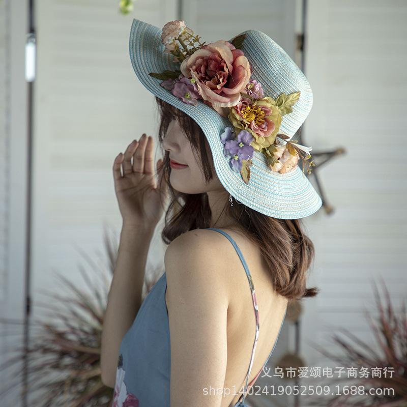 Summer new sunscreen sunshade flower straw hat women's beach travel hand-woven hat foldable big eaves hat