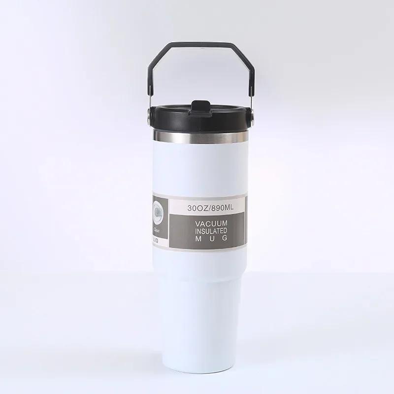 30oz Large Capacity Portable Car Cup Stainless Steel Thermos Cup with Straw & Handle Travel Sports Water Bottle Vacuum Flask