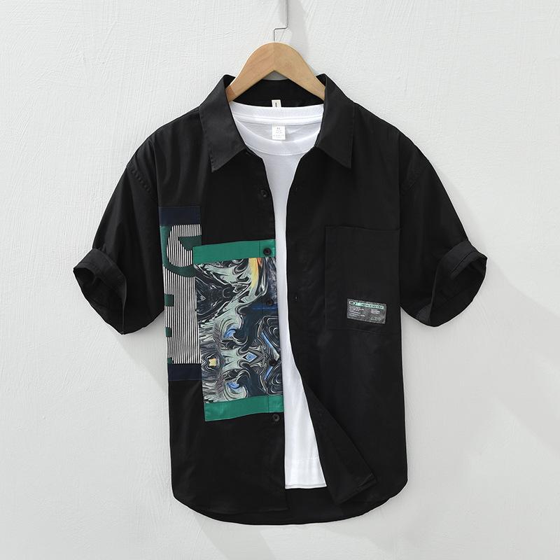 

Корейская мода летние топы новая мужская рубашка с коротким рукавом молодежная уличная одежда пэчворк принтованные рубашки мужские XXXL чёрный