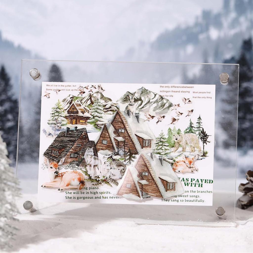 Kigofora Snölandsskog Collage Genomskinlig PET Djurskog Snölandskap Serie Flake Mokkiri Vinterskog Rulle DIY Dekorativa Klistermärken för Gåva