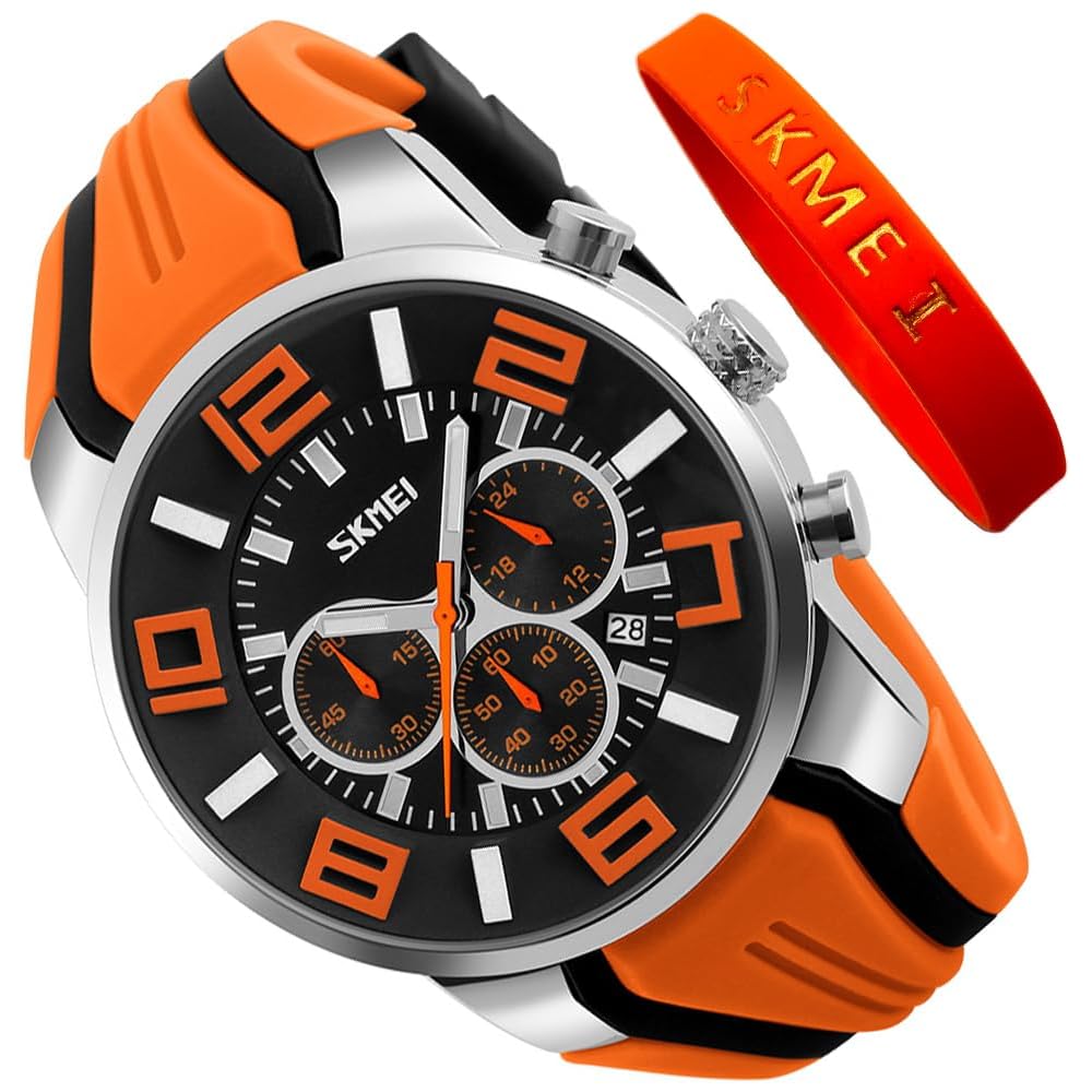 Men s Big Face Analog Chronograph Watch Orange Silicone Waterproof Casual Sports