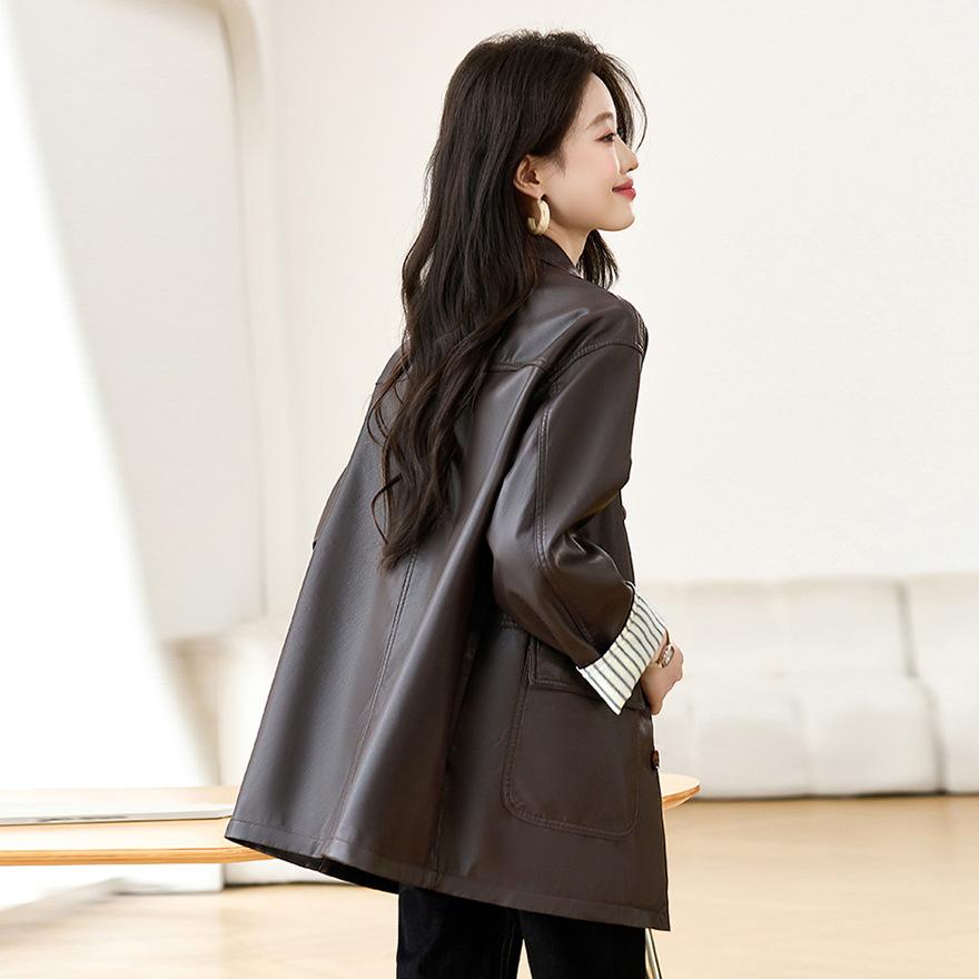 Coffee Lapel Leather Jacket Women's Spring New Fashion Jacket