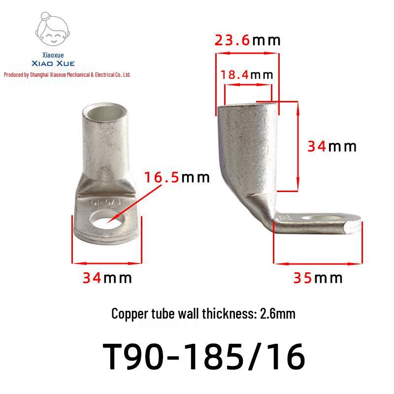 T90 Copper Tube Terminal, 90-Degree Right-Angle Bend Crimp Lug, T90-6/5 to T90-240/16 Copper Wire Lug