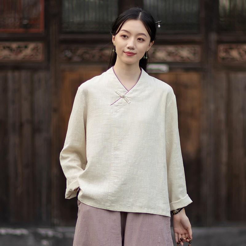 

Johnature Women Vintage Shirts Tops Solid Color Chinese Style Blouses Autumn V-Neck Long Sleeve Shirts One Size бежевий