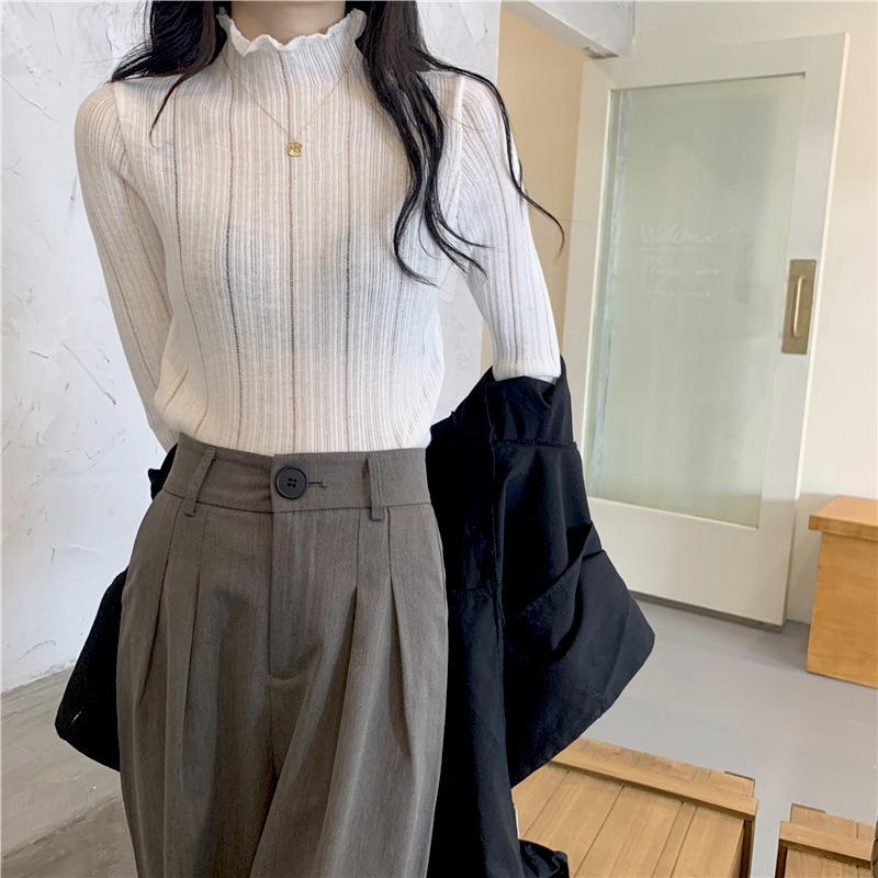 

Тонкая слегка прозрачная базовая рубашка, универсальный топ с длинным рукавом с грибной кромкой для ранней весны, темпераментный, тонкий и стройный внутри L белый