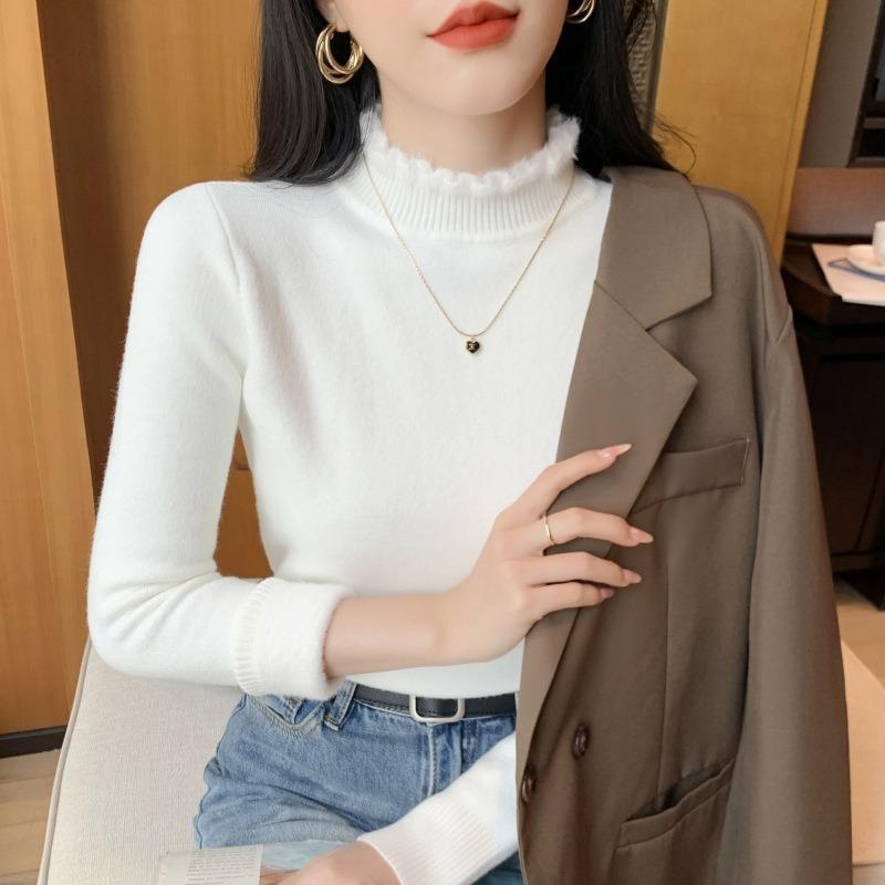 Solid Color Semi-turtleneck Integrated Imitation Mink Fleece Sweater Women's Soft Waxy Knitted Top Spring Fungus Edge Bottoming Shirt