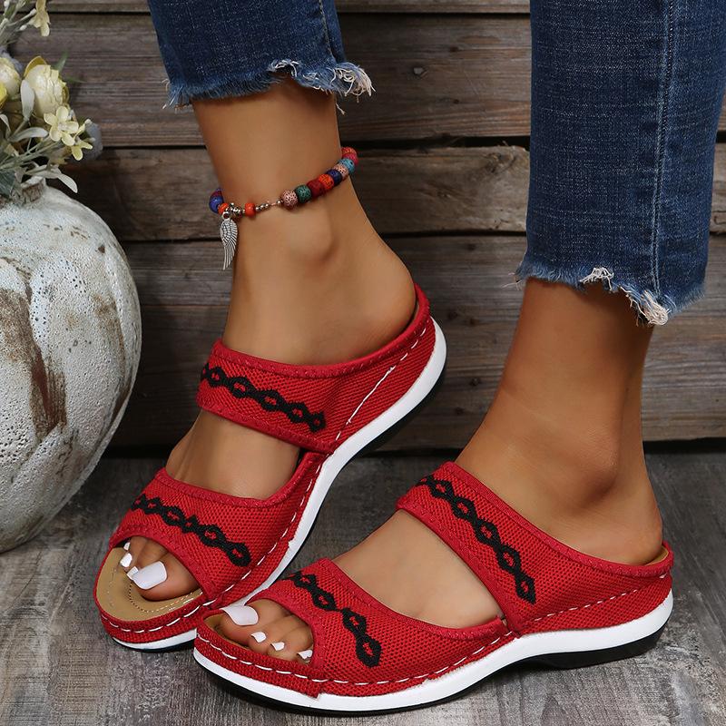 Women's Low-Heel Fly-Knit Embroidered Slip-On Sandals - Plus Size Available
