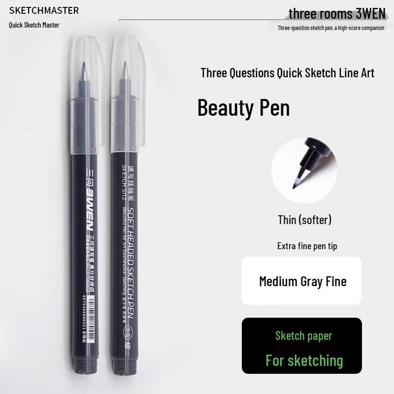 Refillable Quick Sketch Pen Set: Fine, Small, Regular, Large Gray Brush Pens for Art Line Drawing