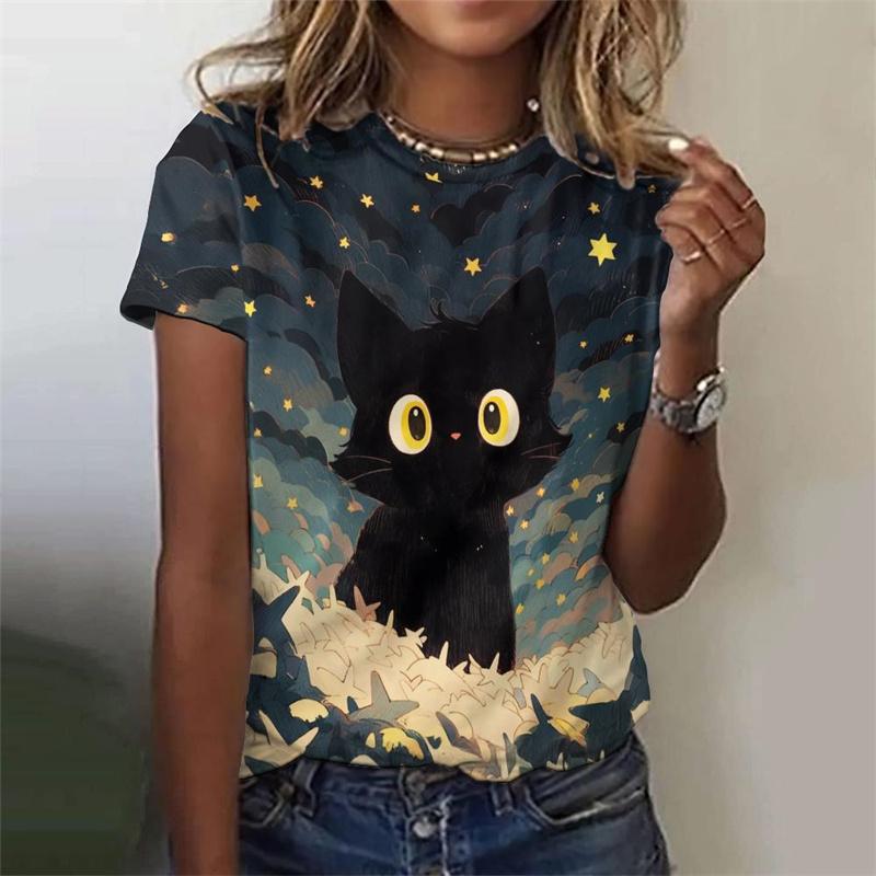 Colorful Cat Pattern T-Shirt For Women Cartoon Pet 3D Printed Tees Summer Harajuku Round Neck T Shirts Short Sleeves Loose Tops