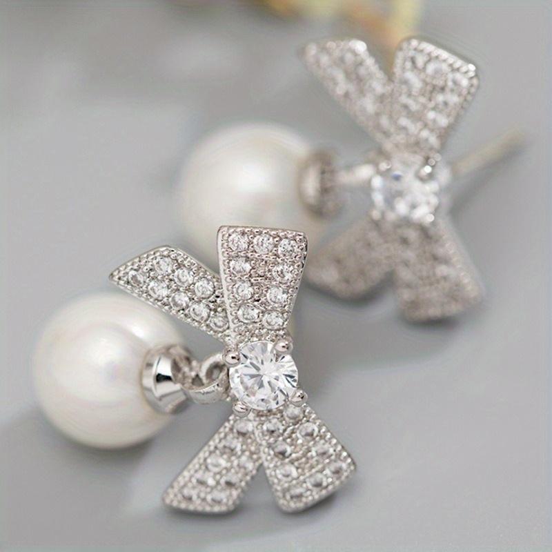 Fashionable Jewelry Exquisite Inlaid Zircon Bow Earrings Sweet Pearl Pendant Earrings