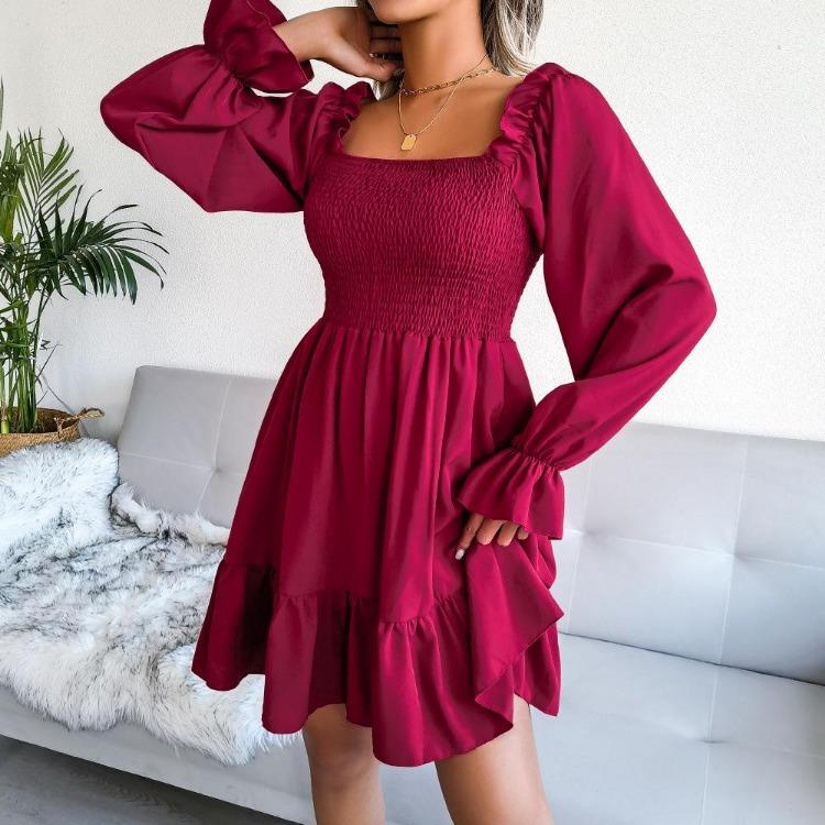 Flared Swing Dress Summer Spring Long Sleeve Square Neck Ruffled A Line Solid Color All Match Sizes S To XL