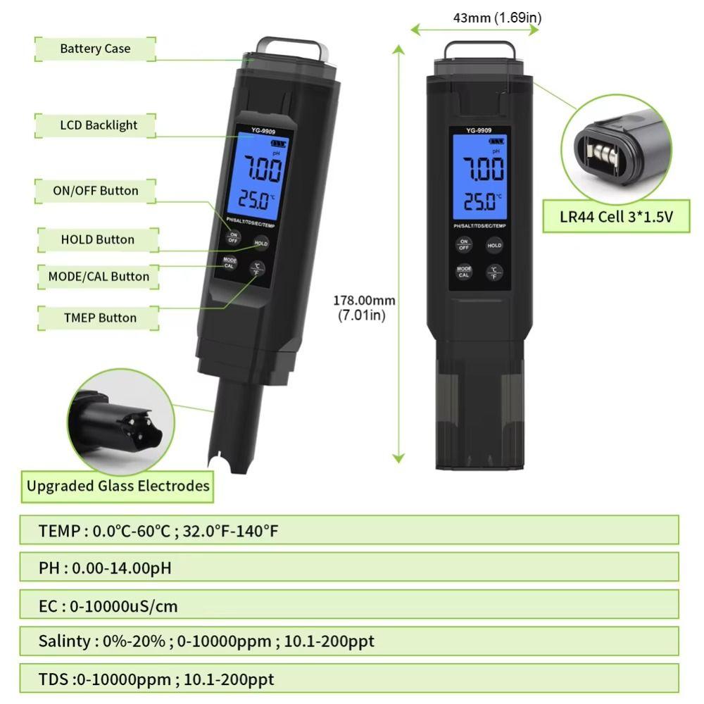 Multifunction Household Water Test Pen 5-in-1 Digital PH Meter Water Quality Meter  Aquaculture