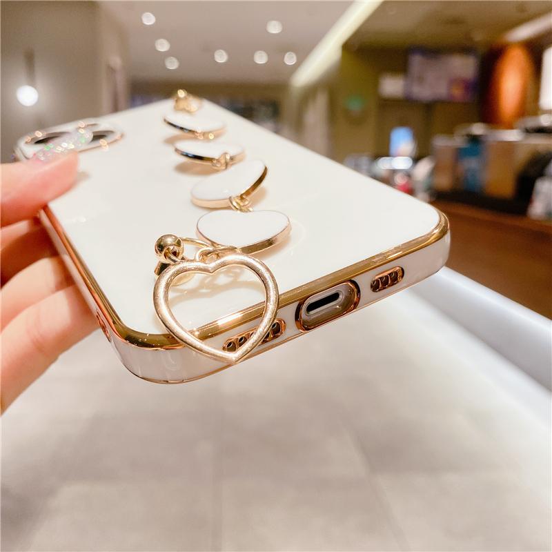 Luxury Gold Plating Bracelet Phone Case For iPhone 14 13 11 Pro Max XR XS 7 8Plus SE2 SE3 12Mini Fashion Heart Wrist Chain Cover