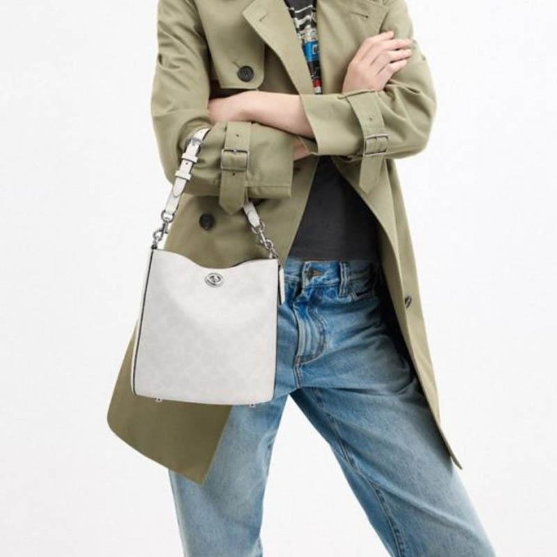 Coach Willow 19 Logo Charm Silver Finish Lock Closure Bucket Bag Women Shoulder Bag Chalk-White CW602-LHXUN