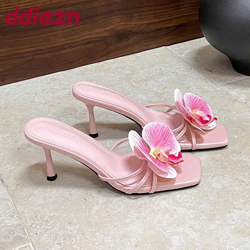 Fashion Pink Fashion Flower Women Thin Heels Sandals Slides Shoes Female Square Toe Footwear Ladies High Heels Sandals Shoes Pumps