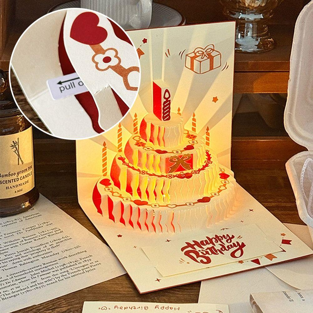 3D Happy Birthday Card Four-Layer Birthday Cake with Envelope Gift Card Foldable Music Light Message Card Party Party Supplies