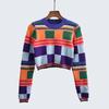 Autumn Ultra Short Round Neck Long Sleeves Asymmetrical Color Matching High Waist Crop Top Soft Glutinous Stretch Knitting Sweater Pullover Tops