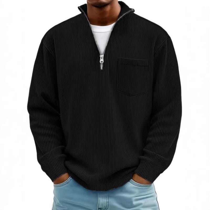 Autumn Winter Men s Black Corduroy Quarter Zip Pullover Sweatshirt With Sweatshirt M