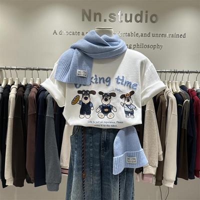 Extra Large Embroidery Dog Thickened Brushed Short Sleeve Women's T-shirt