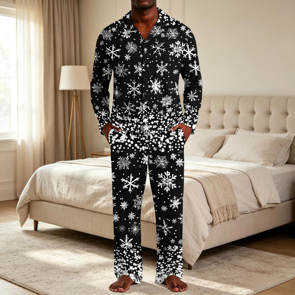 Men's Christmas Pajama Set with Button Down Shirt and Straight Leg Pants, Casual Print Sleepwear Two Piece Outfit, Festive Holiday Loungewear
