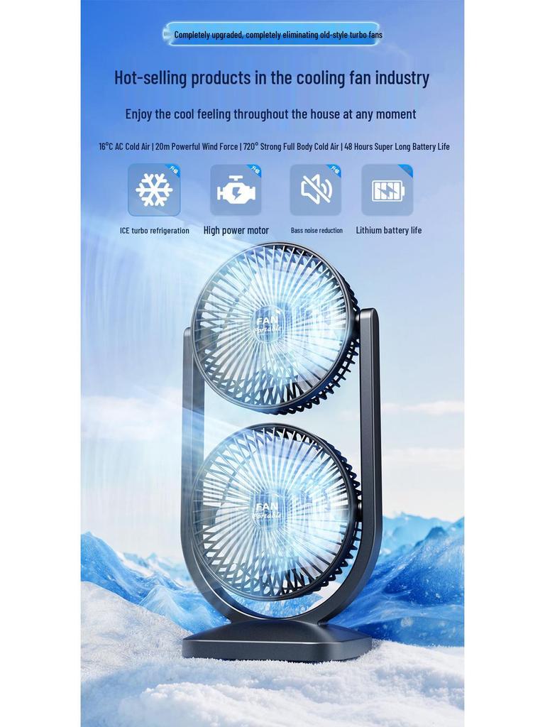 Dual-Head USB Fan: Portable 360° Rotating Desk Fan for Dorms and Outdoors