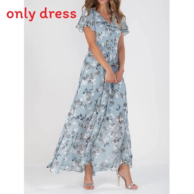 Basic Style Flowy Chiffon Floral Maxi Dress With Ruffle V Neck For Summer Casual Wear