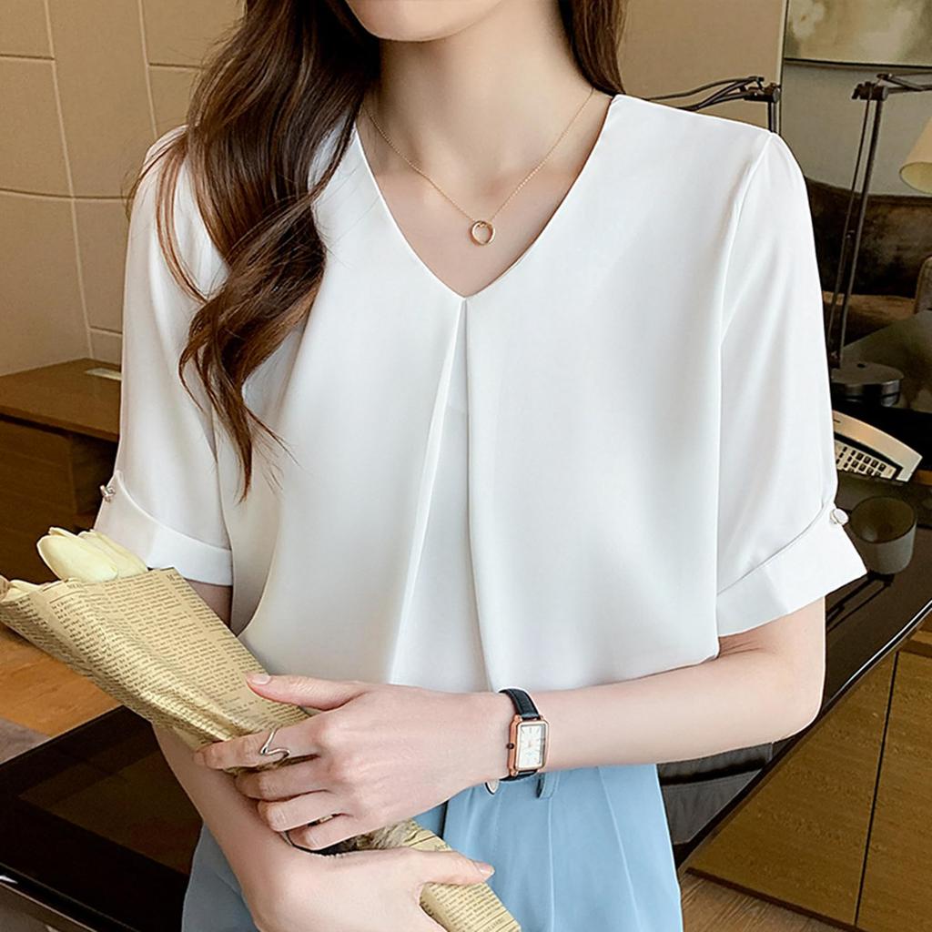 Short Chiffon Short Sleeve Loose Body Covering [Lalapala] Women's Blouse, Sleeve, Summer, Shirt, V-Neck, Stylish, Thin, Neat, Shirt, Top, Pullover,