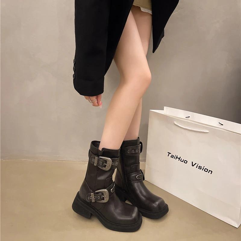New Autumn Chunky Single Boots Women's Square Metal Belt Buckle Side Zipper Thick Sole Non-slip Mid-calf Boots
