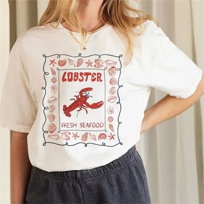 Women's Regular Versatile T-Shirt Casual Printed Short Sleeved Round Neck Cute Crayfish Pattern Women's Clothing Top T-Shirt