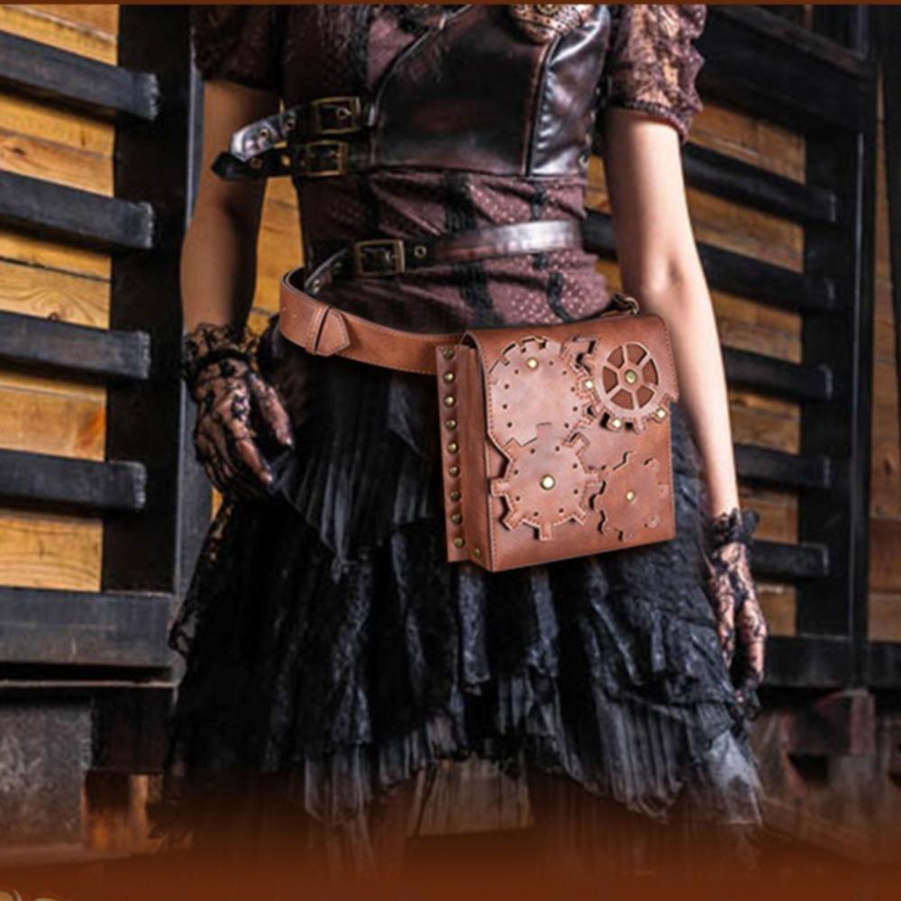 European and American Punk Women's Bag, Retro Brown, Outdoor Mobile Phone Change, Mini Bag, Sports and Leisure, Mini Waist Bag
