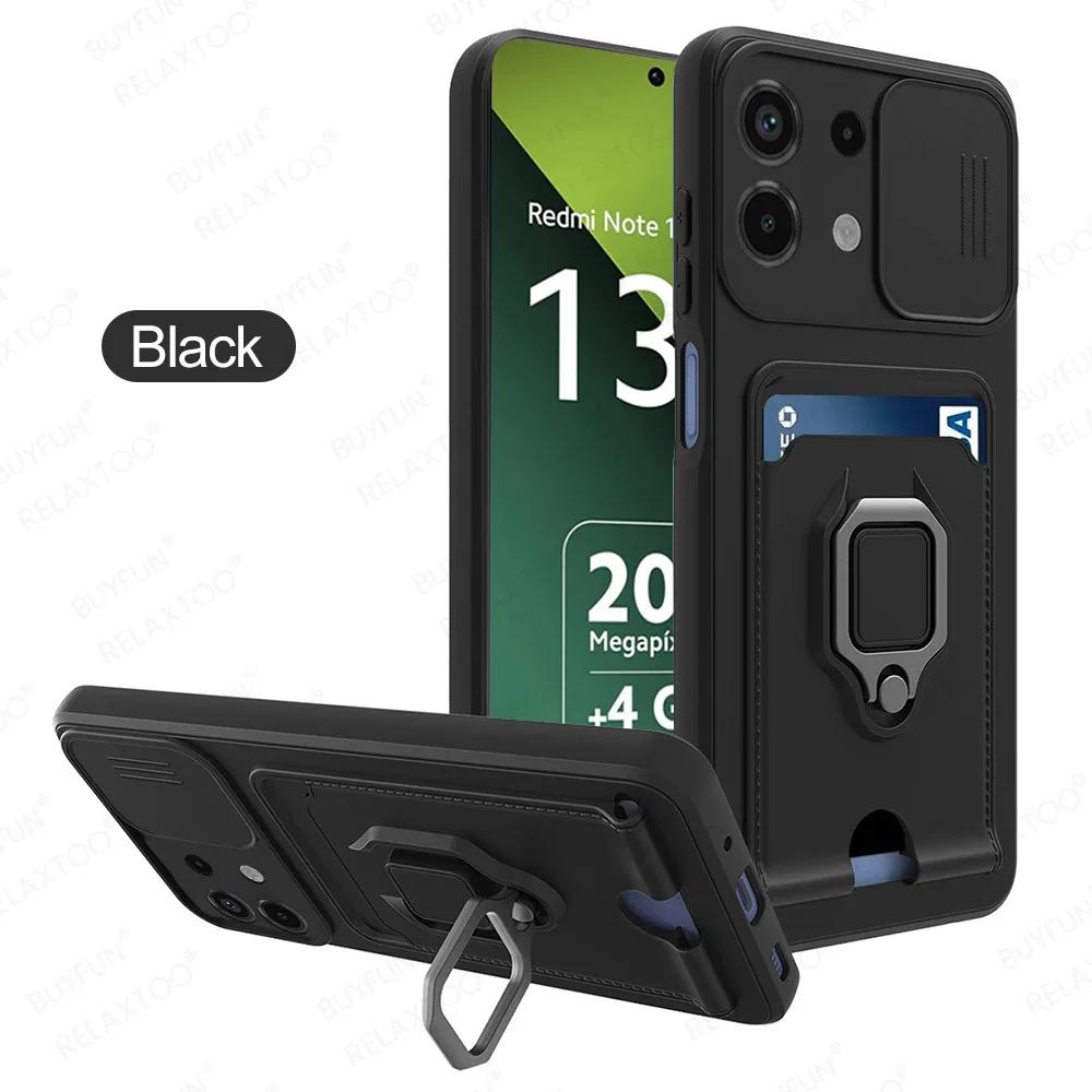 Sliding Camera Protection Case for Redmi Note 13 Pro 5G 4G 12 11 Pro Plus 13 C 12 C Vehicle Magnetic Bracket Card Wallet Shell