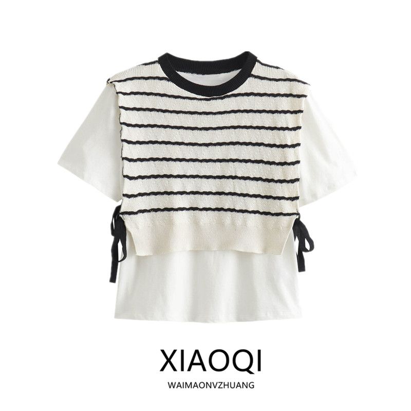 Fashion Style 2024 Summer New Arrival Women's Clothing Stylish Casual Easiest for Match round Neck Patchwork Stripes T-shirt 5644340