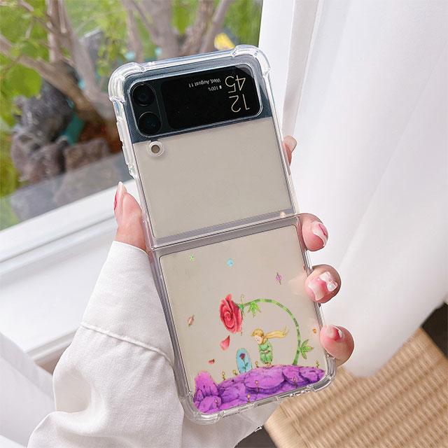 Clear Case For Samsung Galaxy Z Flip 3 4 5G Airbag Shockproof Phone Cover ZFlip3 ZFlip4 Luxury Shell Cartoon The Little Prince