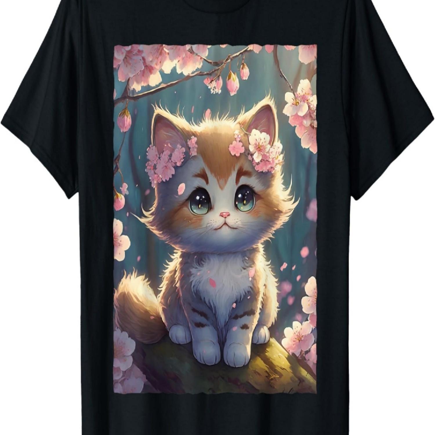 Милая Кавайная Кошка с Цветами Сакуры Мужская Женская Детская Футболка(2) S чёрный