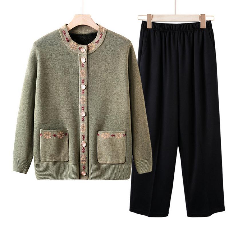 Grandma autumn knitted sweater jacket women middle-aged and elderly mother autumn and winter new cardigan sweater set elderly clothes